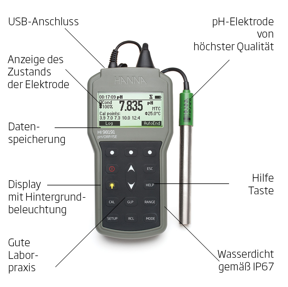 Professionelles Handmessgerät für pH, Redoxpotential und ISE